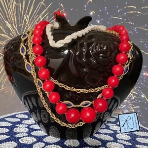 Vintage Costume Jewelry 3 Necklaces and 1 pair of clip-on earrings 4-pc Bundle